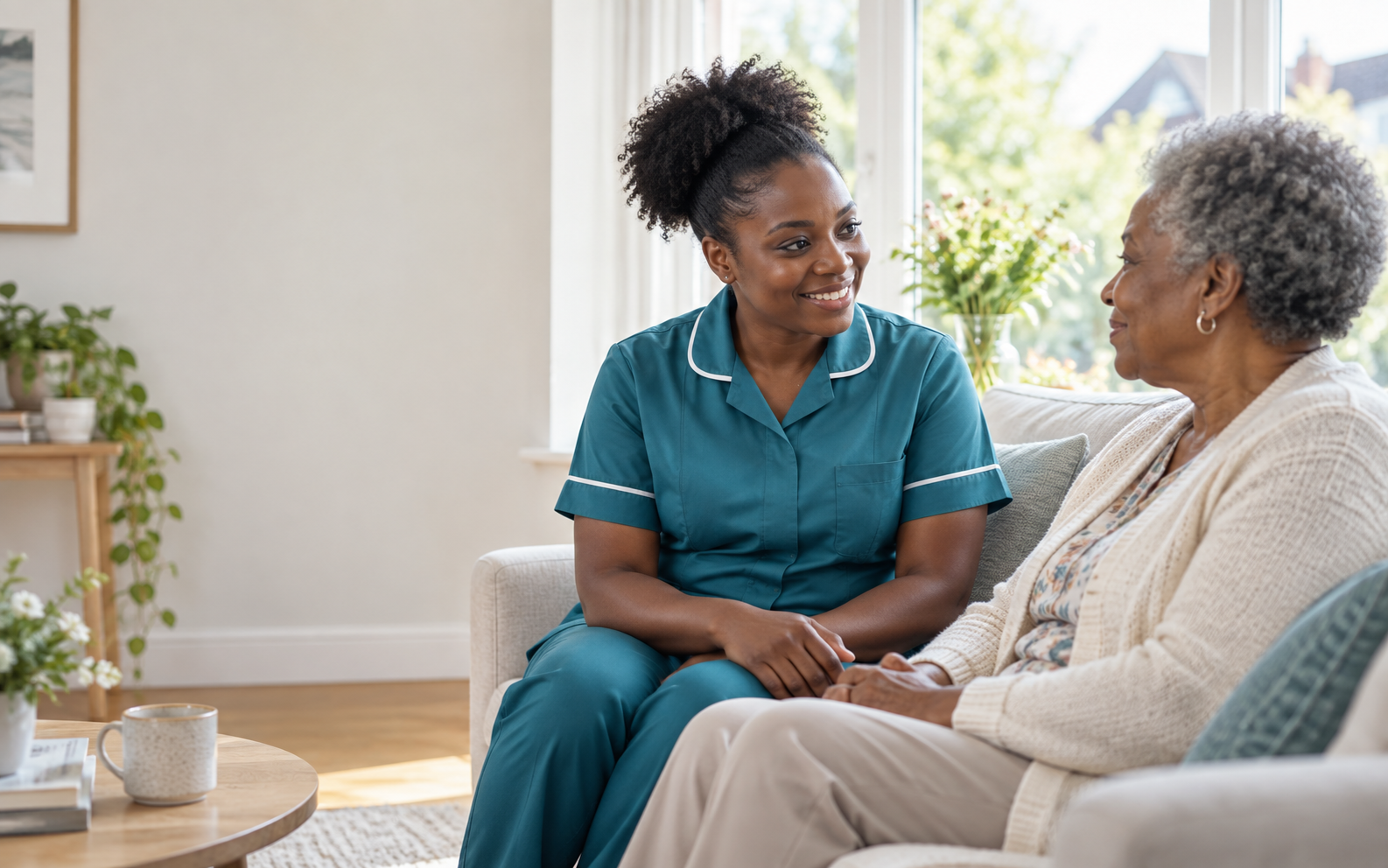 A care professional speaking warmly with an older woman at home