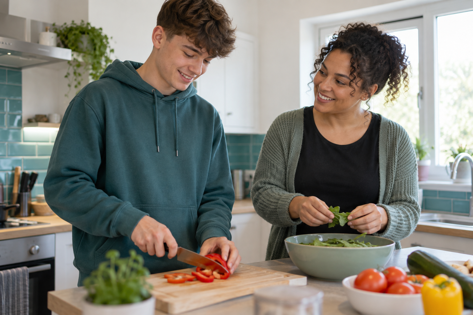 A young person aged 16 to 18 learning meal preparation skills with a support worker