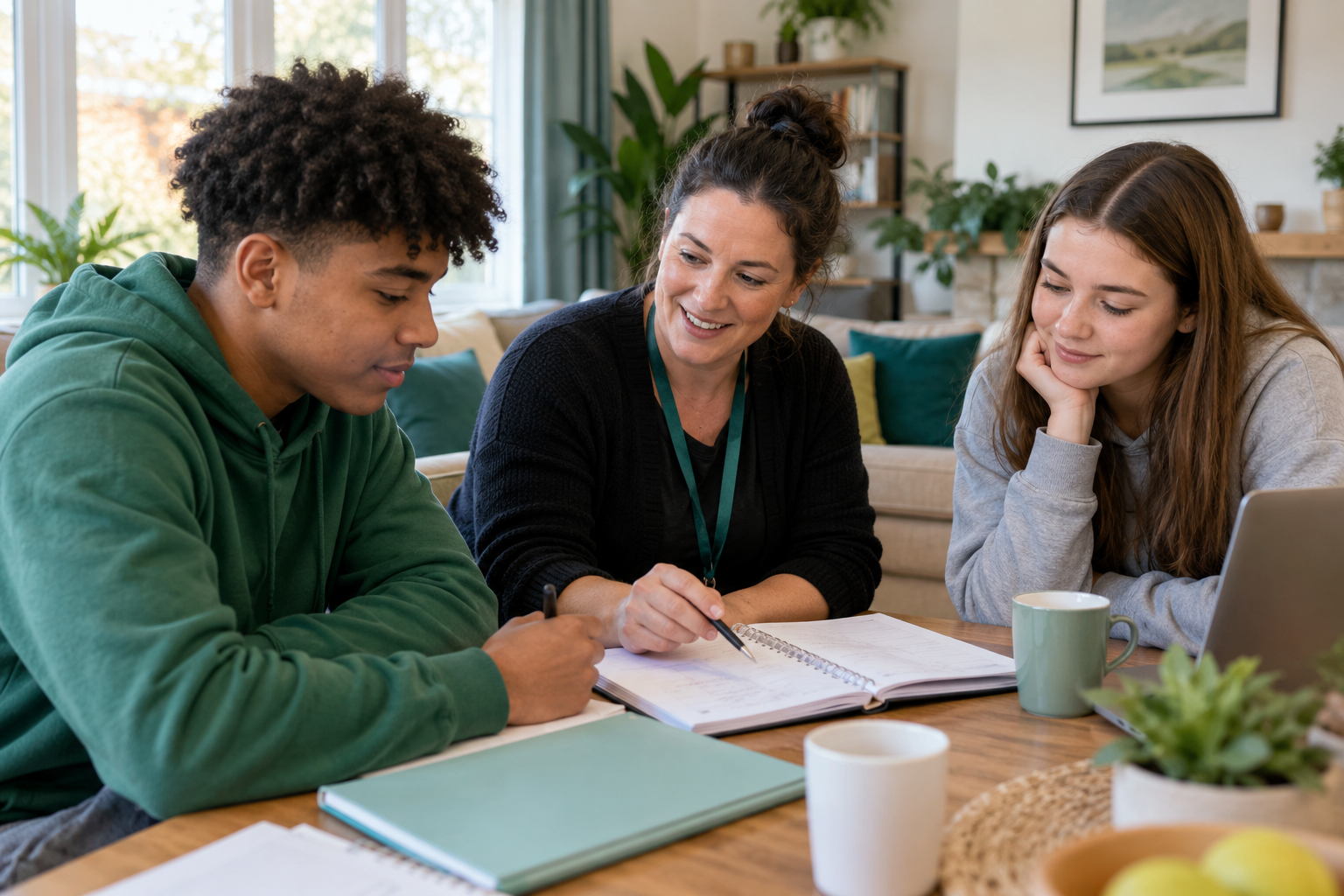 Young people aged 16 to 18 planning education and weekly goals with a support worker